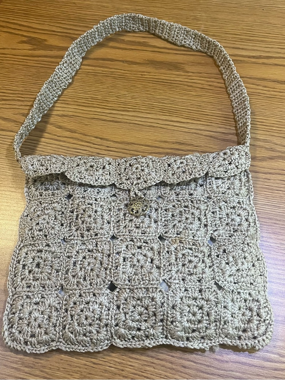Crochet Woven Shoulder Bag in Light Beige